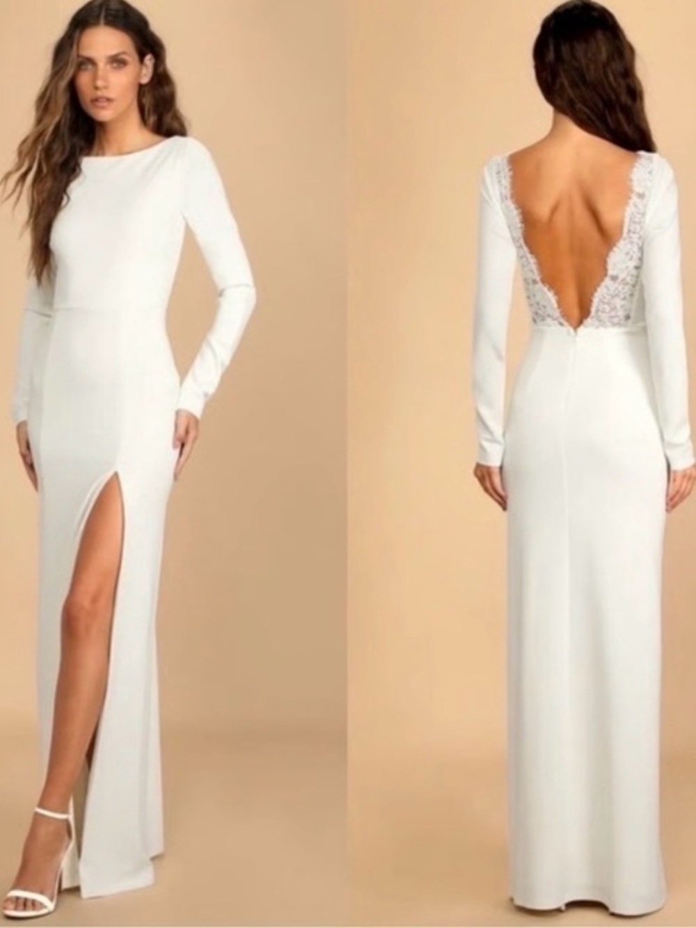 Lulu's White Long Sleeve V-Back Gown Romantic Moments Wedding Dress Size L